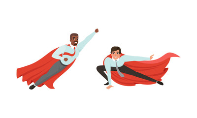 Superhero Businessmen in Red Capes in Action Set, Successful Business People, Leadership, Victory Concept Cartoon Vector Illustration