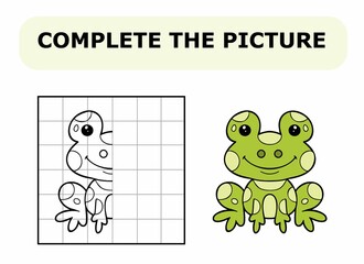 Complete the picture. Coloring book. Educational game for children. Cartoon vector illustration of cute little frog.