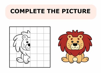Complete the picture. Coloring book. Educational game for children. Cartoon vector illustration of cute little lion.