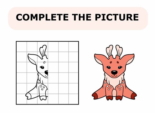 Complete the picture. Coloring book. Educational game for children. Cartoon vector illustration of cute little fawn.