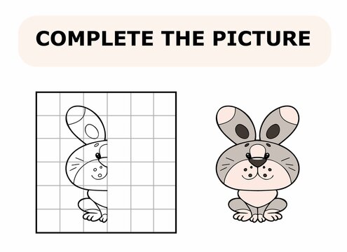 Complete the picture. Coloring book. Educational game for children. Cartoon vector illustration of cute little rabbit.