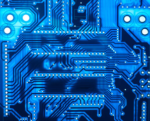 Blue technological background. Background on theme of modern equipment. Digital circuit board is...