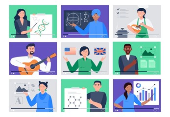 Set of Different People on Internet Videos. Online Education, E-learning, Studying at Home. Vector Flat Illustration.