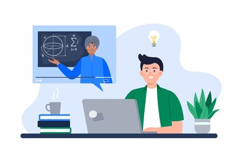 A Man Watches Online Course. Online Education, E-learning, Studying at Home, Tutorials. Vector Flat Illustration.