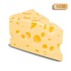 Triangular piece of cheese, 3d icon of cheese realistic food, Vector illustration