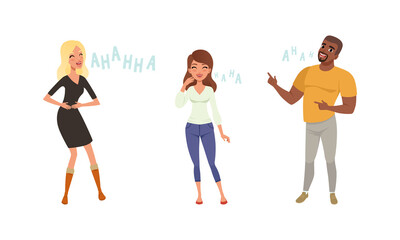 Naklejka premium Positive Young Man and Women Laughing out Loudly Set, Happy People Having Fun Cartoon Vector Illustration