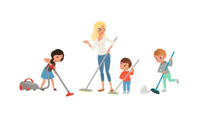Cute Kids Cleaning and Vacuuming Floor Set, Children Helping their Mom with Housework Cartoon Vector Illustration
