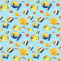 Beautiful seamless underwater pattern with cute watercolor colorful fish. Stock illustration.
