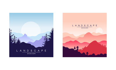 Beautiful Peaceful Mountain Landscape at Sunrise and Sunset, Majestic Nature Background, Banner, Poster, Cover Set Vector Illustration
