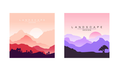Fototapeta premium Beautiful Mountain Landscape at Morning and Evening, Peaceful Nature Background, Banner, Poster, Cover Set Vector Illustration