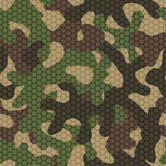 Naklejka premium Modern woodland camouflage. Seamless spotted pattern. Forest scrim.