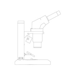 Microscope outline from black lines isolated on white background. Side view. Vector illustration