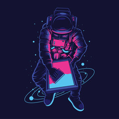 Astronaut screen printer illustration and tshirt design - obrazy, fototapety, plakaty