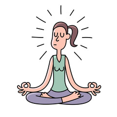 Cartoon woman meditating on white background