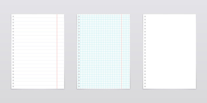 Set of notebook sheets: blank, squared and ruled. Vector realistic sheets with shadow.
