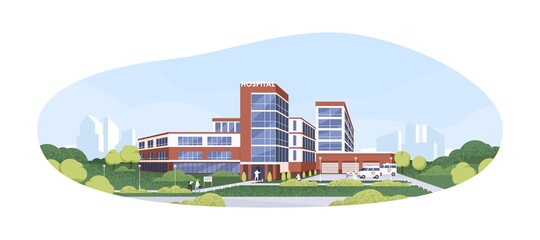Modern building exterior of municipal hospital, clinic or medical center with ambulances and patients. Colored flat graphic vector illustration of health-care facility isolated on white background
