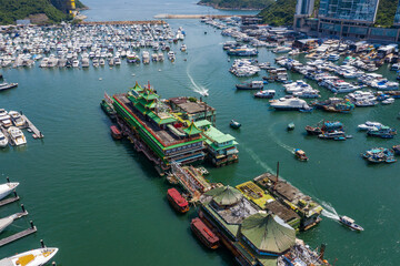 Drone fly over Hong Kong typhoon shelter in aberdeen