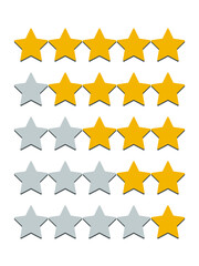 Stars yellow and gray isolated on white background. Rating for sites, hotels, travel packages, online stores, reviews. Vector graphics.