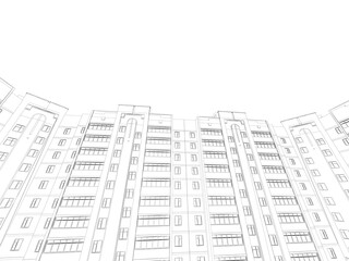 The outline of a multi-storey residential building. Bottom view. 3D. Vector illustration