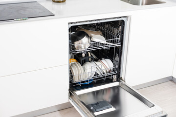 Modern dishwasher open, technology, kitchen.