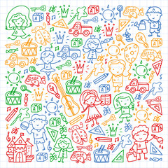 School, kindergarten with cute vector children. Creativity and imagination. Dancing, singing, painting, online education.