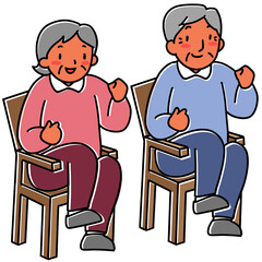 椅子に座って運動するシニアの女性と男性