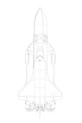 Rocket outline with spaceship from black lines isolated on white background. View from above. Vector illustration