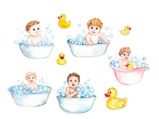 Watercolor Illustration. toddlers bathe in a bubble bath.  boys, girls, ducks, soap.  for cards, design, print, holidays