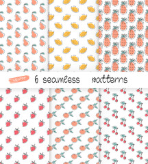 A set of seamless patterns with fruits: lemons,pears, pineapples, cherries, strawberries and tangerine. Minimalistic abstract backgrounds. Vector.