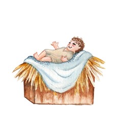 watercolor illustration.  Christian Christmas, baby Jesus in a manger on a white background.  for printing postcards © Lilia