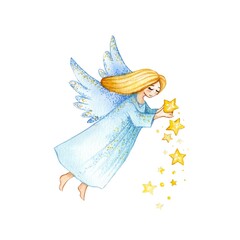 watercolor illustration.  Christmas angel flies with wings and holds the stars on a white background.  design for printing postcards