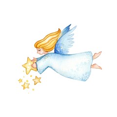 watercolor illustration.  Christmas angel flies with wings and holds the stars on a white background.  design for printing postcards