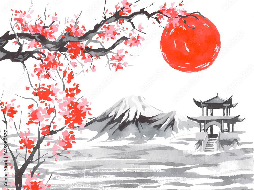 Wall mural japan traditional sumi-e painting. fuji mountain, sakura, sunset. japan sun. indian ink vector illus