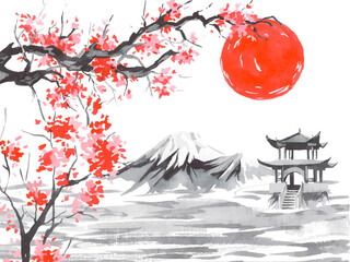 Japan traditional sumi-e painting. Fuji mountain, sakura, sunset. Japan sun. Indian ink vector illustration. Japanese picture. - obrazy, fototapety, plakaty