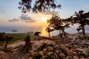 Fototapeta na wymiar Sunset on Rhodes island seen from Monolithos castle, Greece