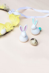 Cute rabbits. Easter egg hunt with pet bunnys. Happy Easter greeting card with copyspace. 

S