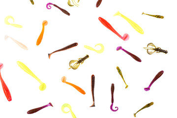 Multicolored silicone baits isolated on white background. Studio photo.