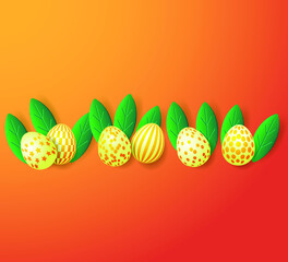 Easter eggs and green leaves. Easter decorative composition