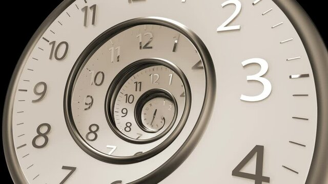 Golden Classic Round Clock with infinity time. Round Clock Time running backwards. Camera pan from left to right Clock Spinning Back isolated from the black background. 3D Render