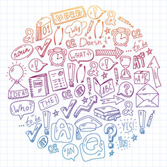 Doodle vector concept illustration of learning English language. English language courses. School. College. University.