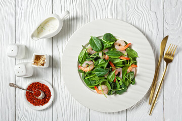 Salad of microgreen with avocado, shrimps, spinach