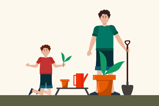 The family is planting a vegetable garden at home. Vector concept of people creating a home garden. Children and parents plant flowers at home. Vector illustration