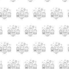 Seamless pattern with Easter cake or sweet bread or Paska. Spring festive background and texture with traditional orthodox food in contour doodle style. Hand Drawn vector illustration