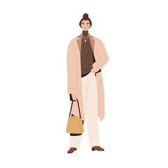 Stylish modern woman in autumn fashion outfit. Model wearing coat, sweater, loose pants and handbag. Trendy clothes in urban casual style. Colored flat vector illustration isolated on white background