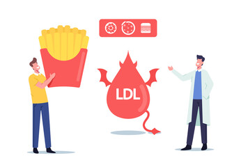 Doctor Character Explain Danger of Bad Cholesterol to Tiny Patient with Huge French Fries Fast Food Box in Hands Ldl Fat