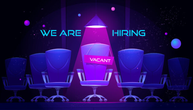 We are hiring cartoon banner with vacant chair under spotlight. Hire job announcement for candidates, head hunting, Human resource research, employment, recruiting concept. Vector illustration, poster