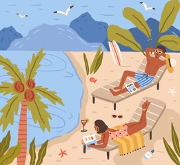 Young people lying on beach and sunbathing at sea resort. Happy man and woman resting and relaxing at seaside on summer holidays. Colored flat cartoon vector illustration of couple in tropic paradise