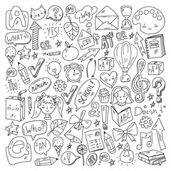 Back to school. Vector illustration with icons about education. English learning. Online internet courses.