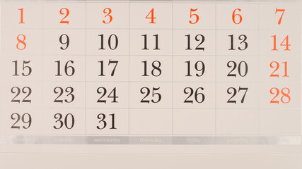 TOP VIEW: A calendar on a white papper