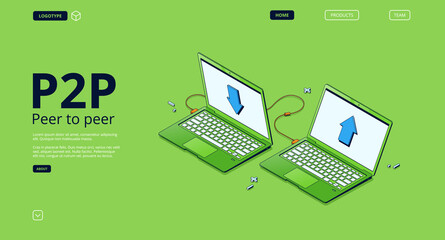 P2P network, peer to peer connection banner. Concept of distributed computing between different computers. Vector landing page of digital one-rank networking with isometric illustration of laptops